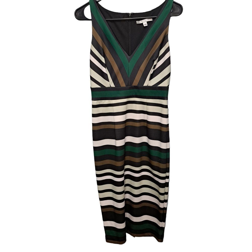 Alexia Admor NY Women Green Black Striped Chevron V-Neck Sheath Dress Size XS